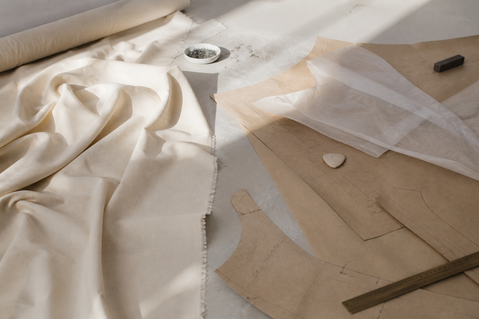 Muslin drape and pattern pieces on a cutting floor representing structured personal services